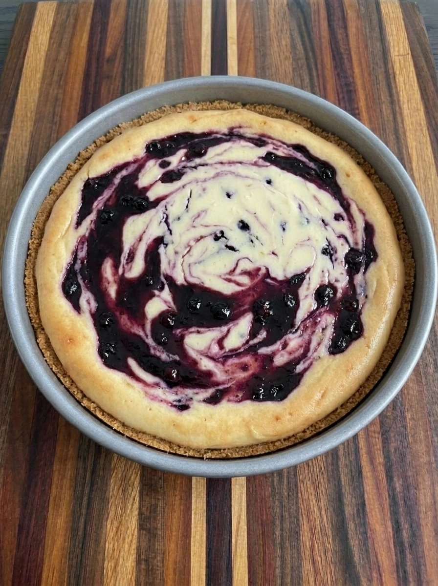 Baked Creamy Huckleberry Cheesecake with golden edges and purple swirls