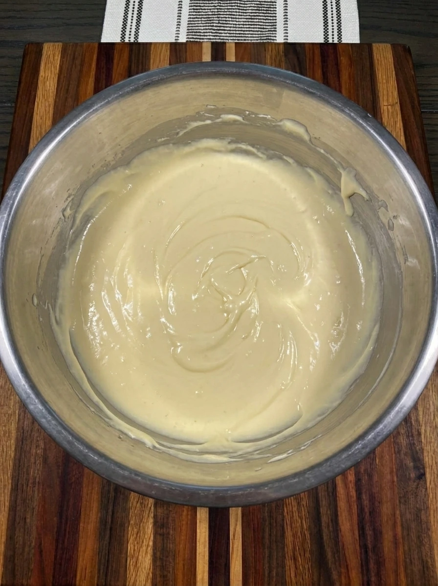 Creamy cheesecake filling mixed for Creamy Huckleberry Cheesecake