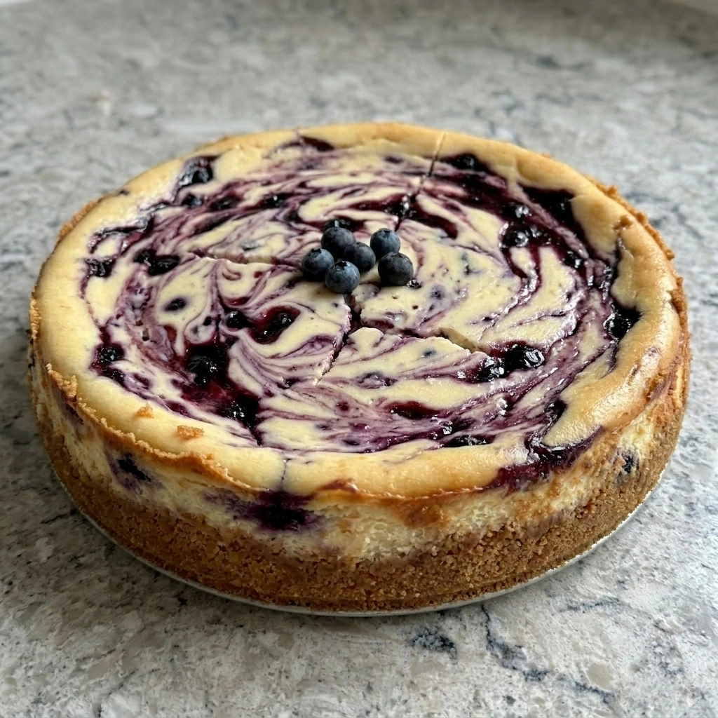 Creamy Huckleberry Cheesecake with purple berry swirls and golden crumb crust