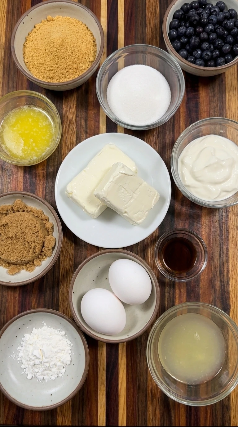 Ingredients for Creamy Huckleberry Cheesecake in separate small containers