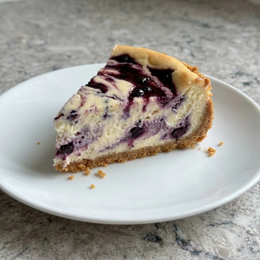 Slice of Creamy Huckleberry Cheesecake showing creamy layers and berry swirl