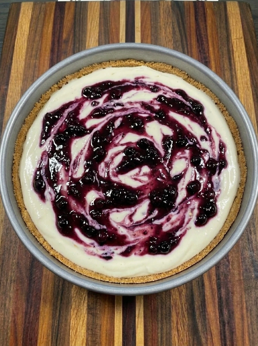 Huckleberry sauce swirled into Creamy Huckleberry Cheesecake before baking