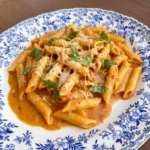 Creamy Tomato Pasta with parmesan and basil on a white plate