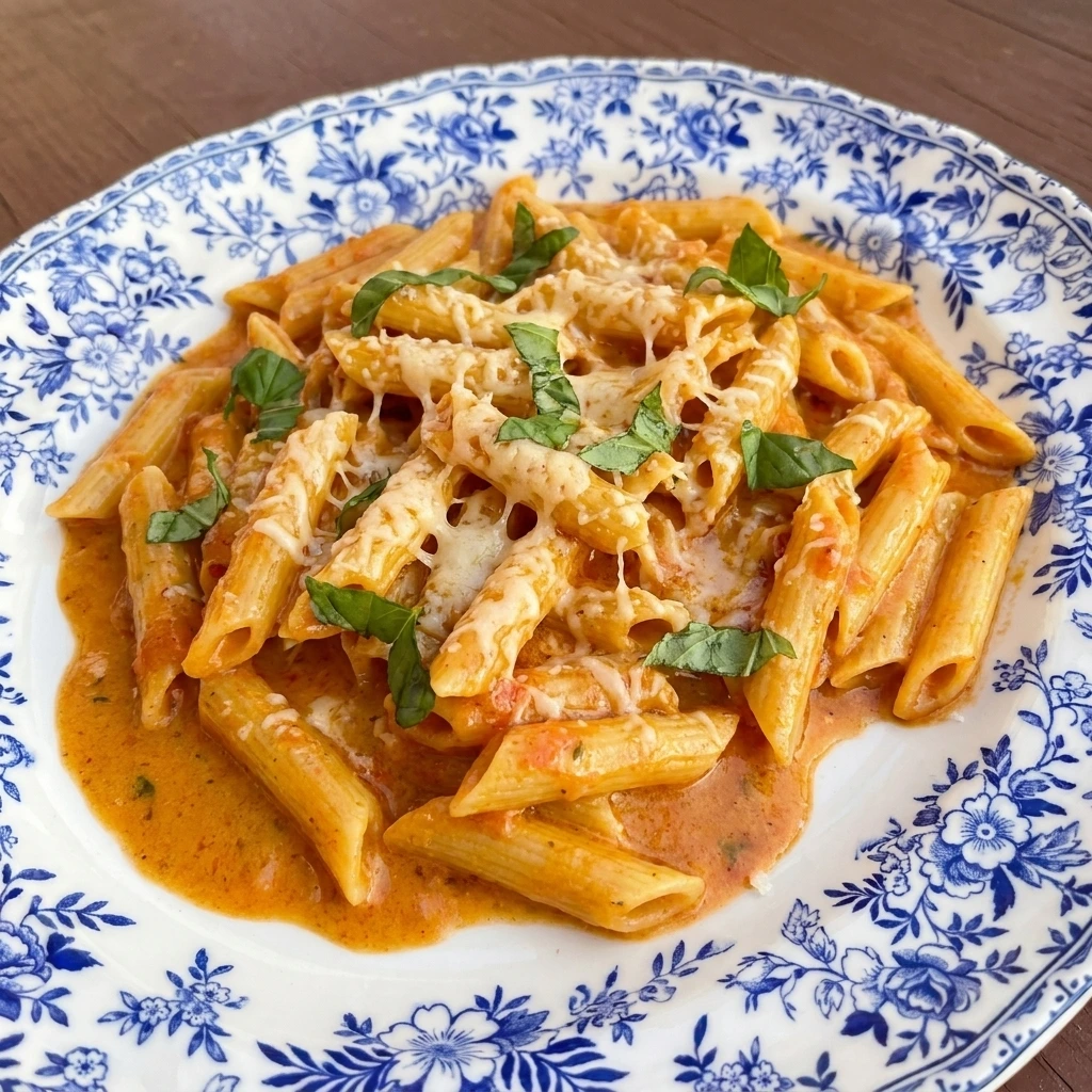 Creamy Tomato Pasta with parmesan and basil on a white plate