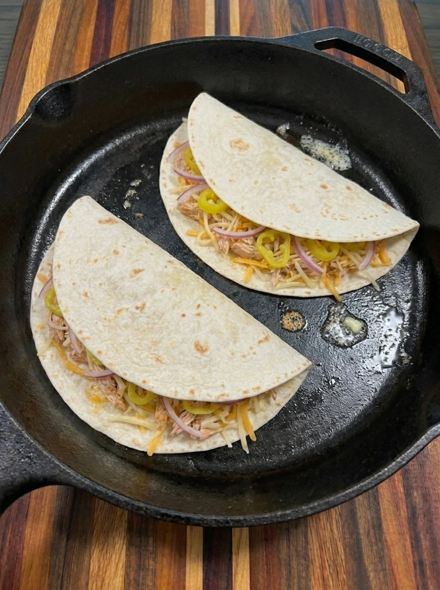 Crispy Banana Pepper Quesadillas browning in skillet