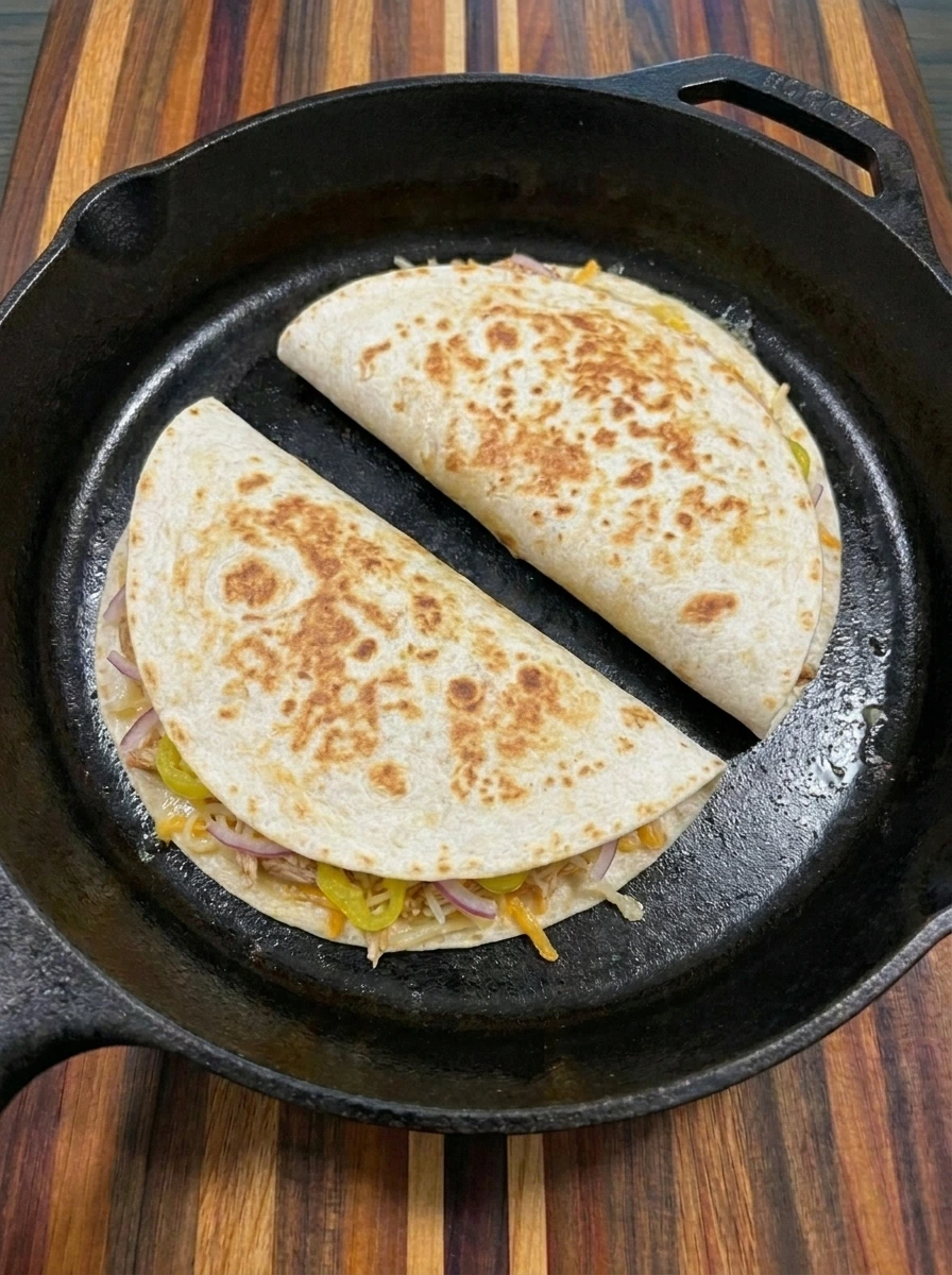 Flipped Crispy Banana Pepper Quesadillas with melted cheese