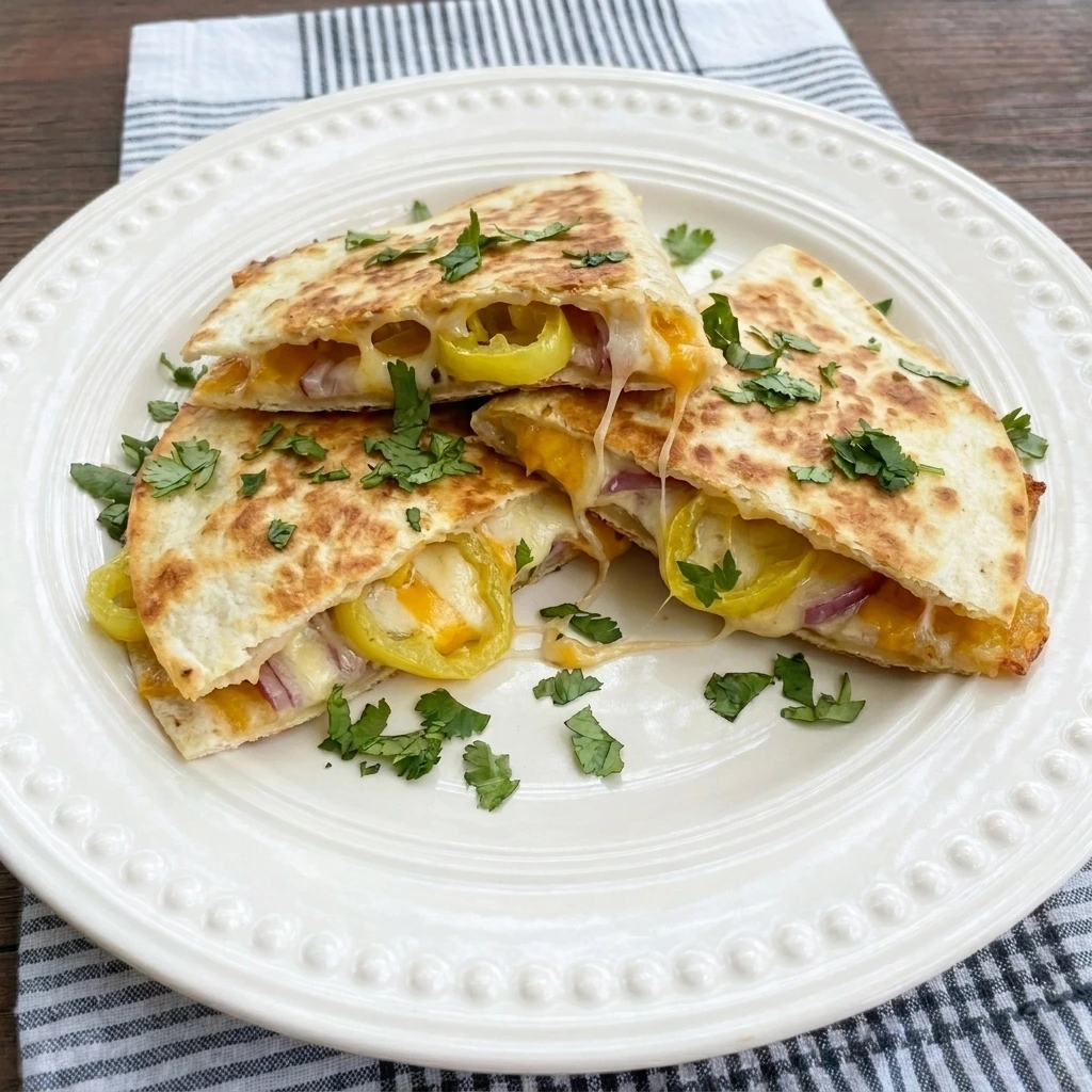 Crispy Banana Pepper Quesadillas with melted cheese and banana peppers