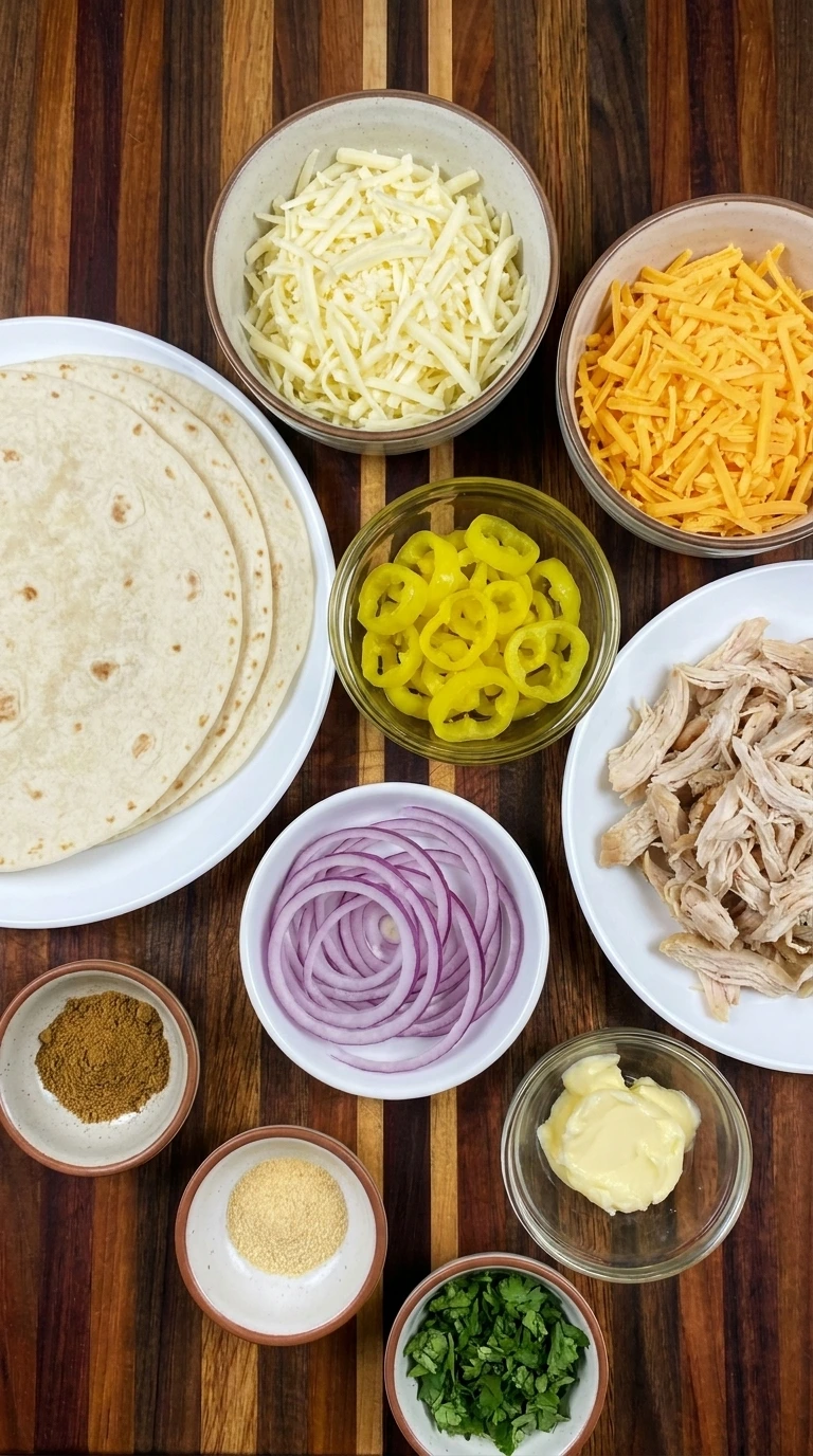 Ingredients for Crispy Banana Pepper Quesadillas in separate bowls