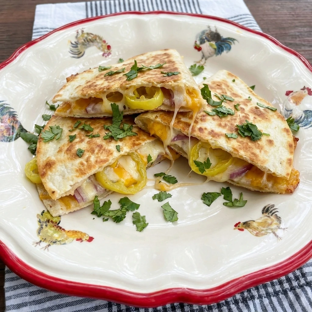 Served Crispy Banana Pepper Quesadillas with melted cheese and peppers