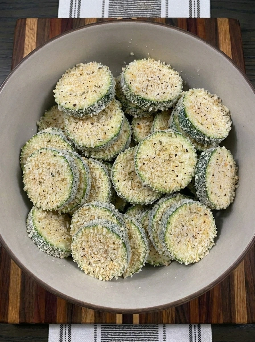 Zucchini slices coated in panko crumbs for Crispy Fried Zucchini