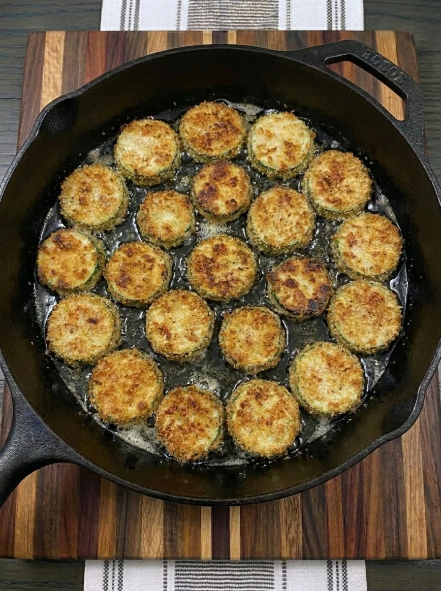 Crispy Fried Zucchini flipped with golden brown coating