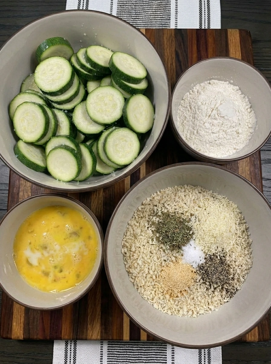 Coating station for Crispy Fried Zucchini with flour eggs and seasoned crumbs