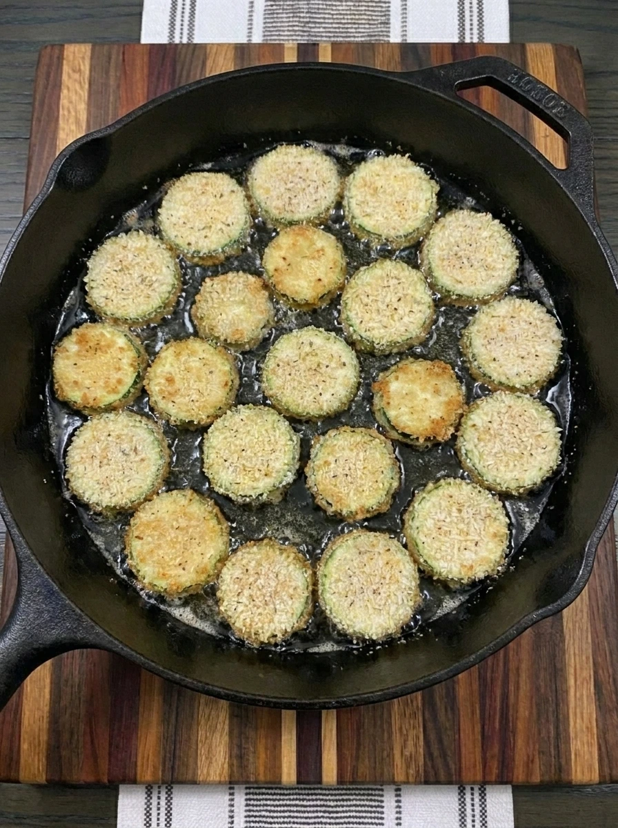 Crispy Fried Zucchini frying on the first side with bubbling oil