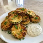Crispy Fried Zucchini piled on a white plate with golden crumb coating and parsley
