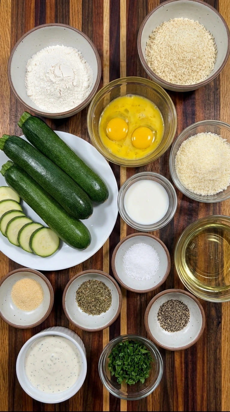 Ingredients for Crispy Fried Zucchini arranged in separate small containers