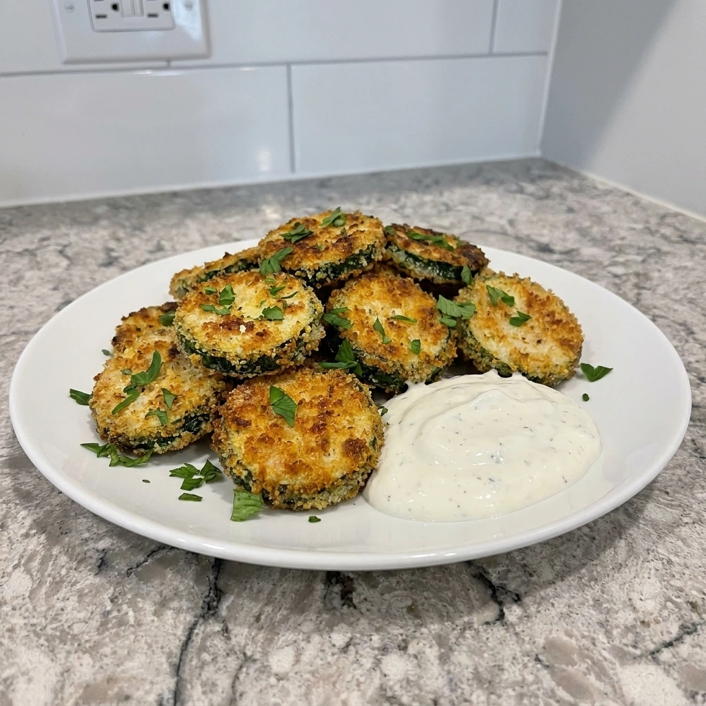 Single portion of Crispy Fried Zucchini plated with parsley and ranch dip