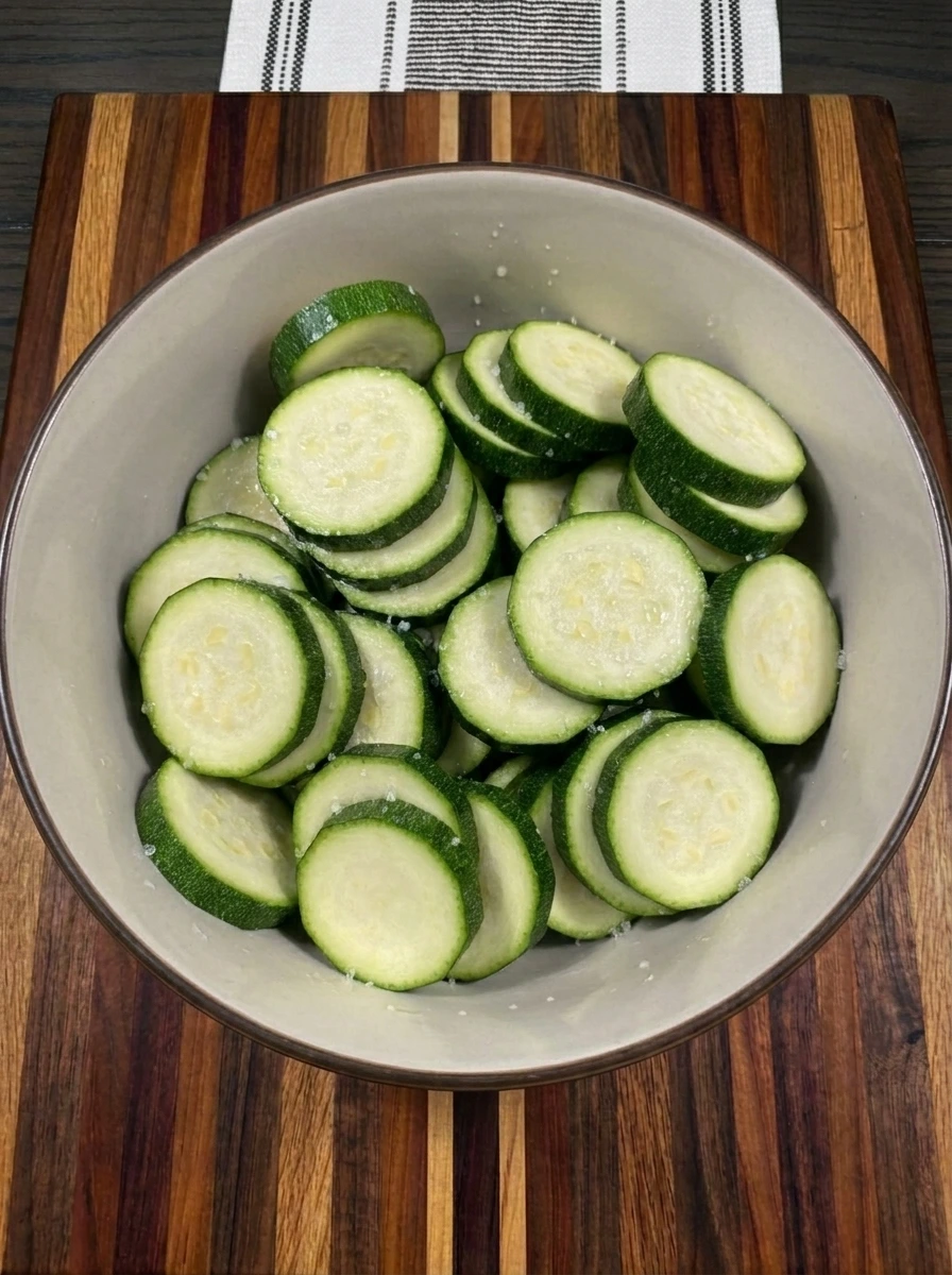 Zucchini rounds salted for Crispy Fried Zucchini