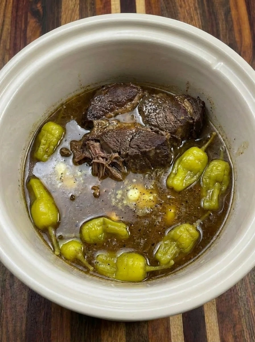 Cooked Crockpot Mississippi Pot Roast softened in gravy