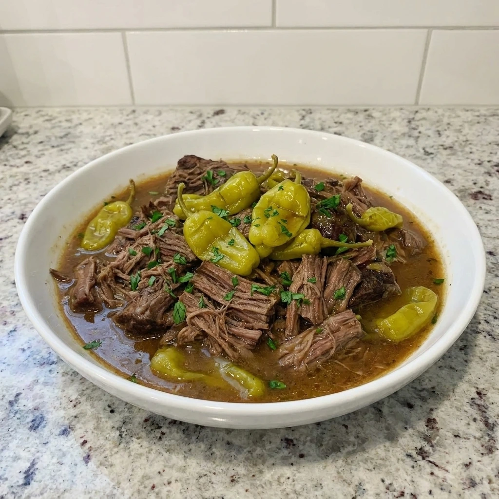 Crockpot Mississippi Pot Roast with tender shredded beef and pepperoncini