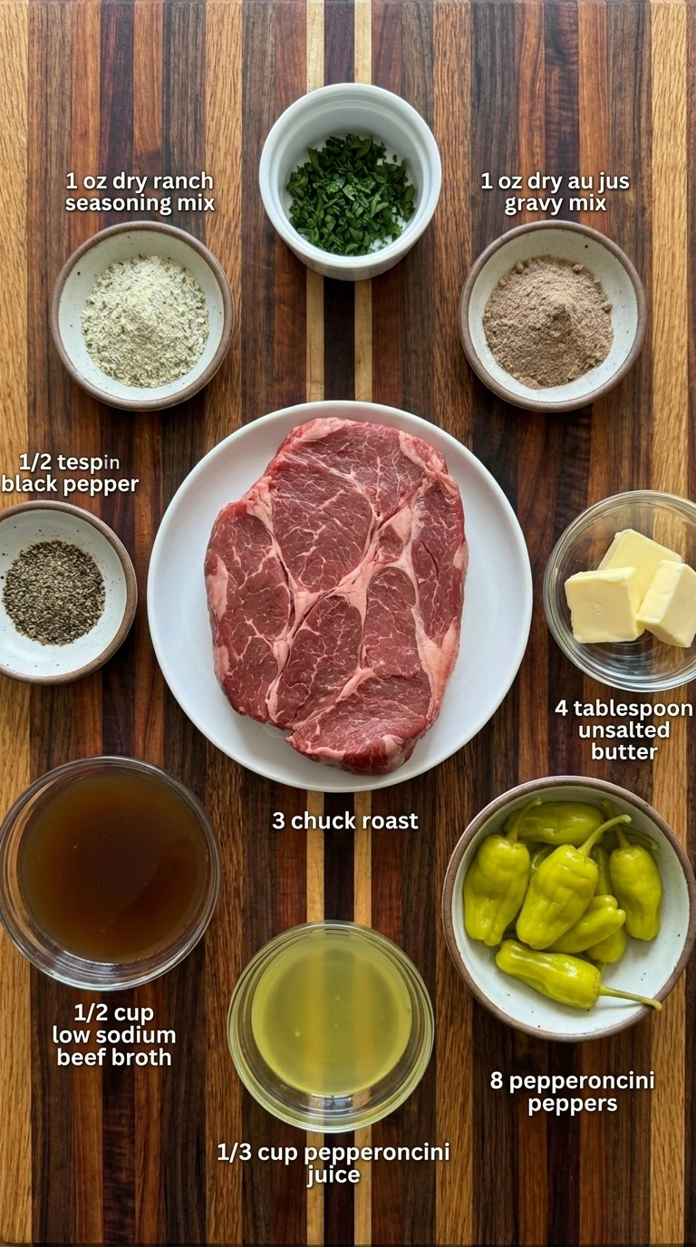 Ingredients for Crockpot Mississippi Pot Roast arranged in separate containers