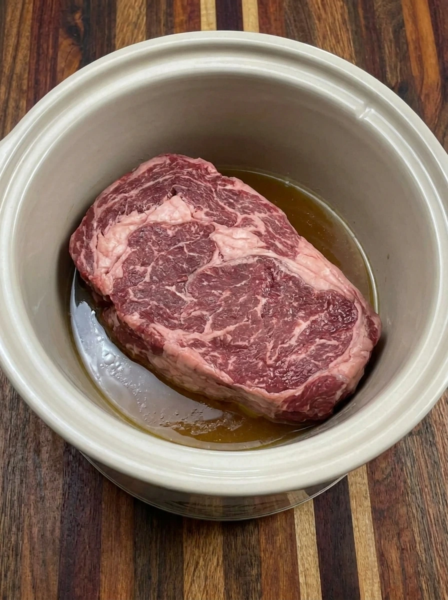 Chuck roast placed in crockpot with broth for Crockpot Mississippi Pot Roast