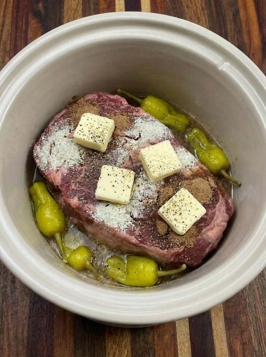 Seasoned Crockpot Mississippi Pot Roast with butter and pepperoncini