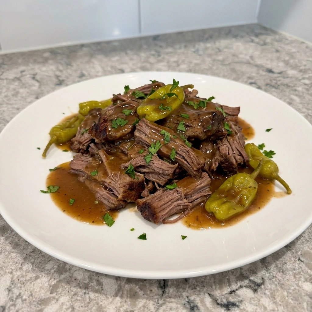 Single serving of Crockpot Mississippi Pot Roast on a white plate