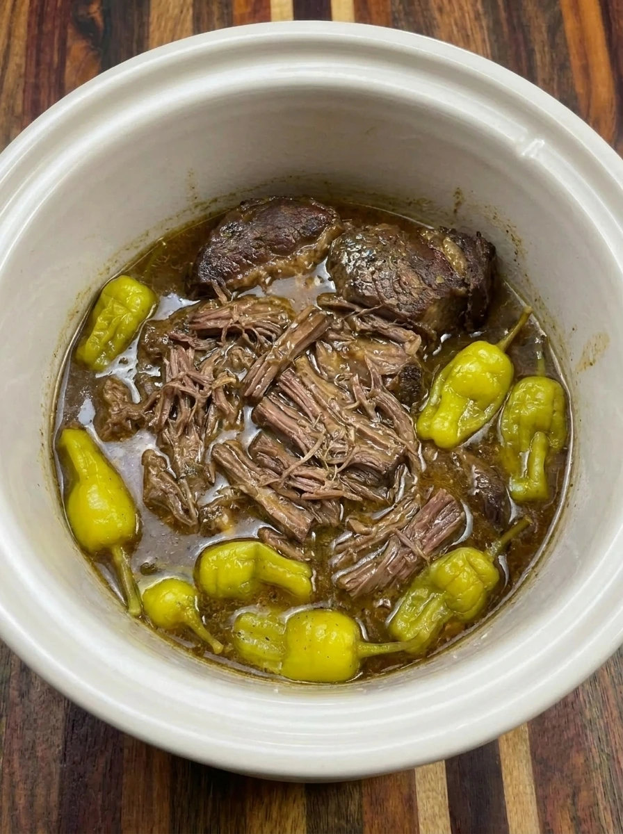 Shredded Crockpot Mississippi Pot Roast mixed with gravy