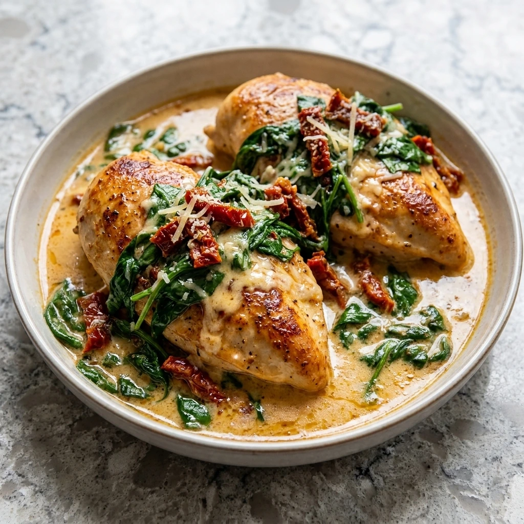 Crockpot Tuscan Chicken with creamy sauce spinach and sun dried tomatoes