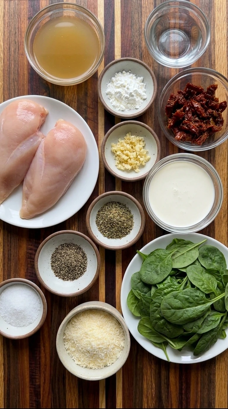 Ingredients for Crockpot Tuscan Chicken in separate small containers