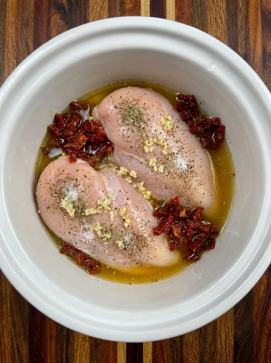 Seasoned chicken breasts in slow cooker for Crockpot Tuscan Chicken