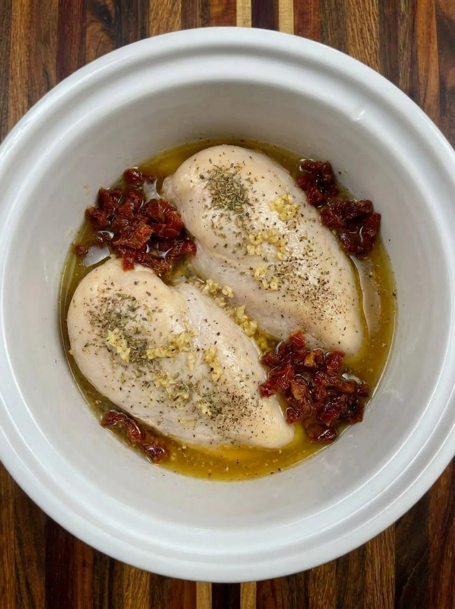 Tender cooked chicken breasts in slow cooker