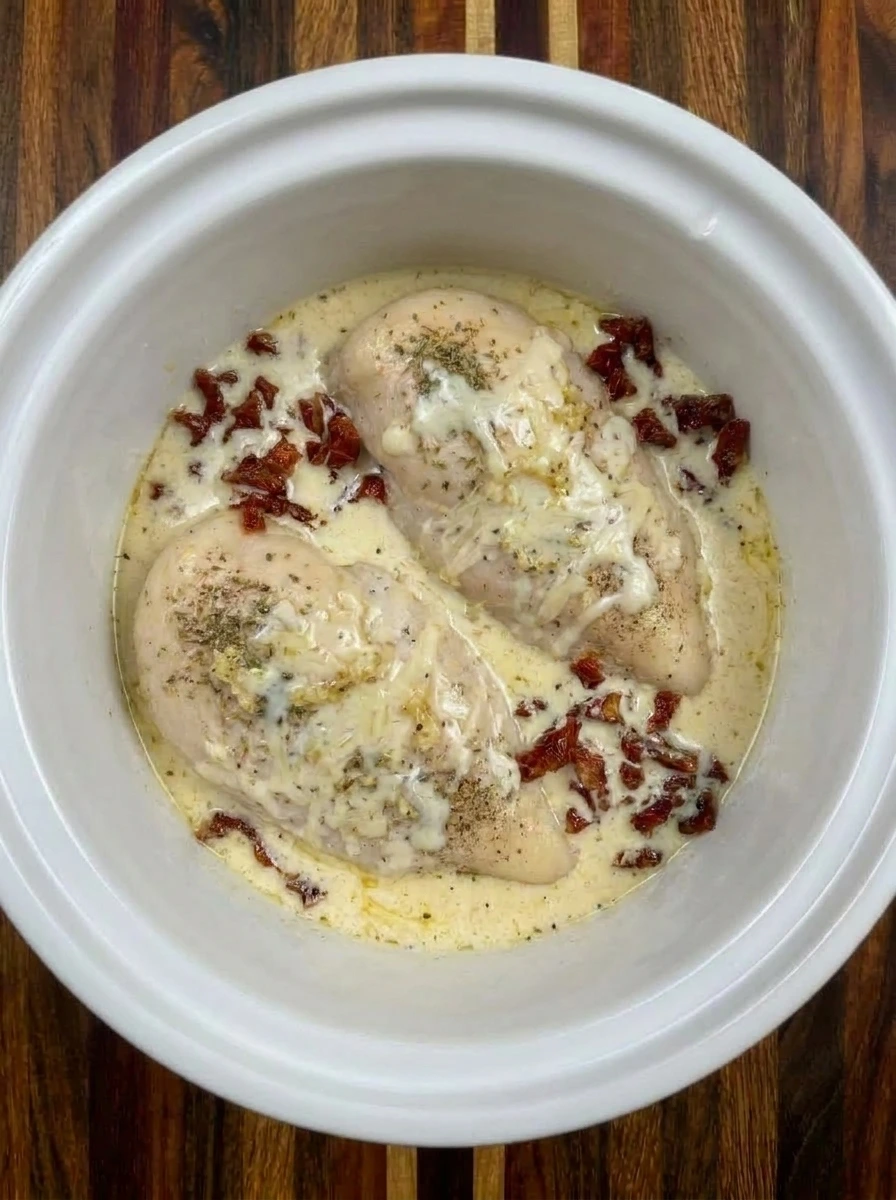 Creamy parmesan sauce added to Crockpot Tuscan Chicken