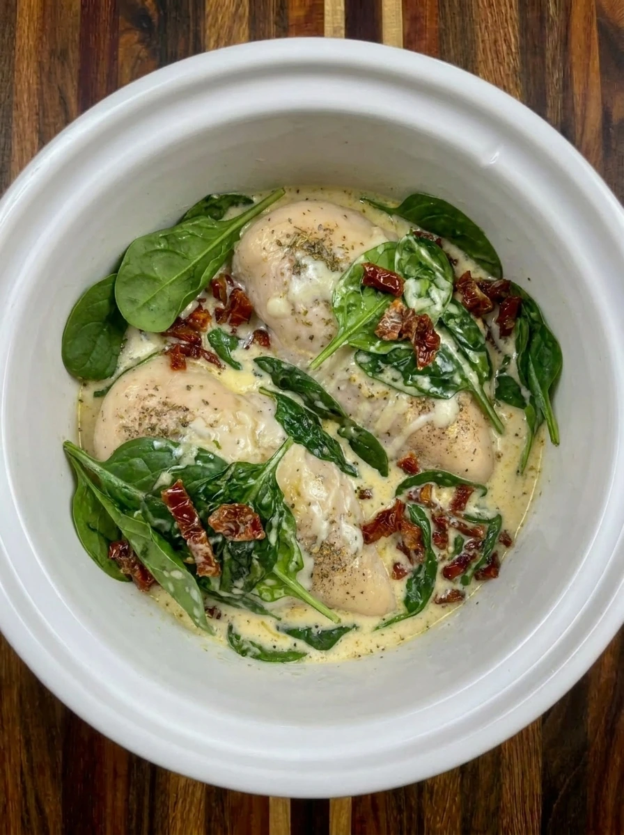 Spinach folded into Crockpot Tuscan Chicken sauce