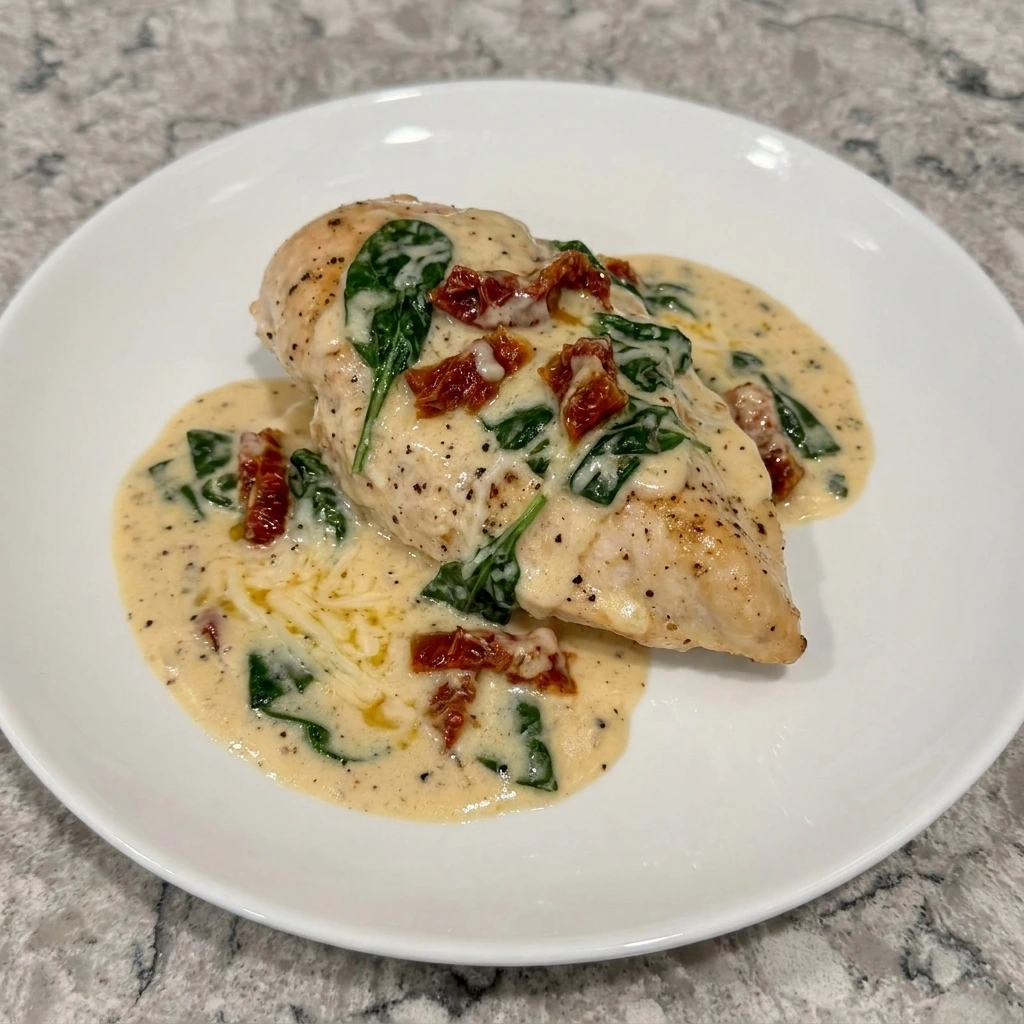 Single serving of Crockpot Tuscan Chicken on a white plate