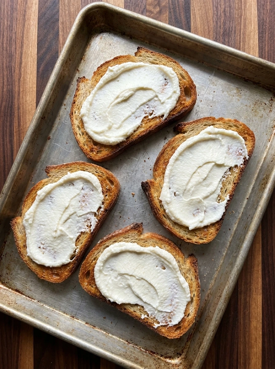 Ricotta spread layered over golden toast for Fig Breakfast Toast