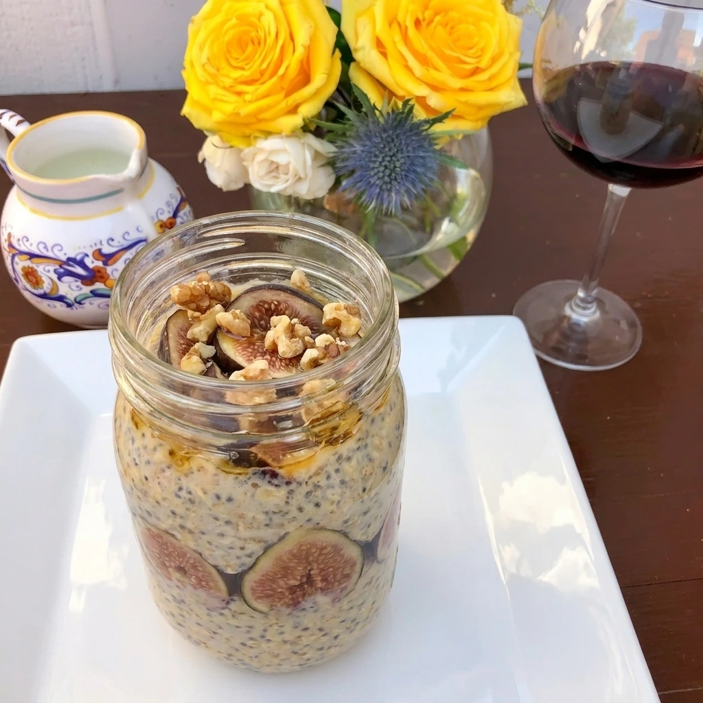 Finished serving of Fig Overnight Oats with walnuts and honey