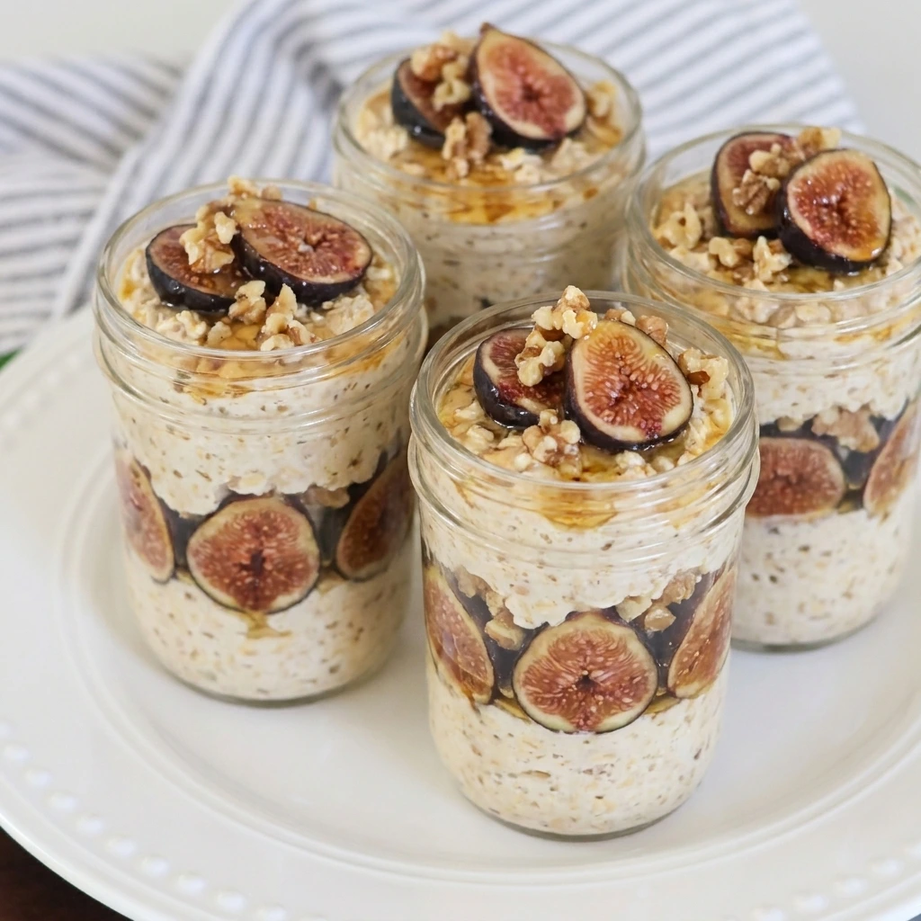 Creamy Fig Overnight Oats topped with fresh figs honey and walnuts
