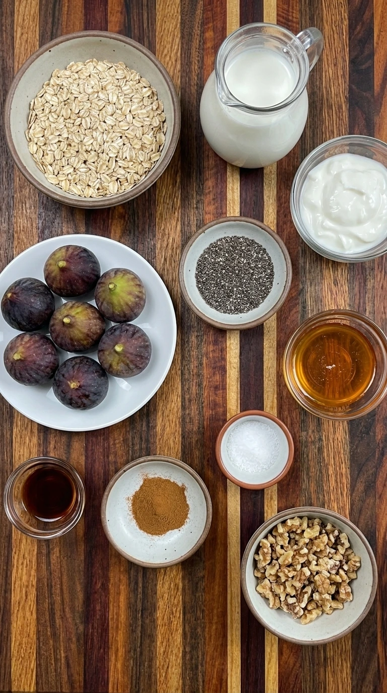 Ingredients for Fig Overnight Oats arranged in separate small containers