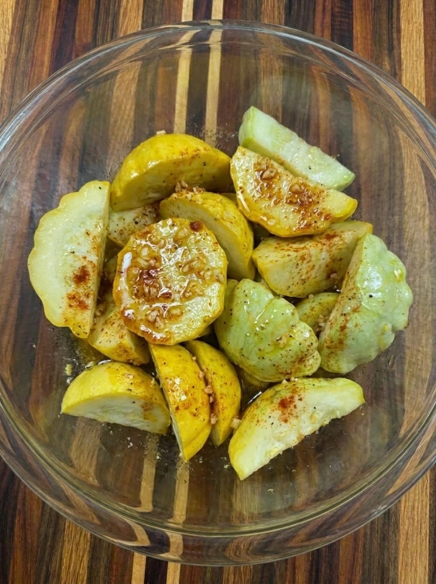 Patty pan squash coated with garlic butter in a mixing bowl