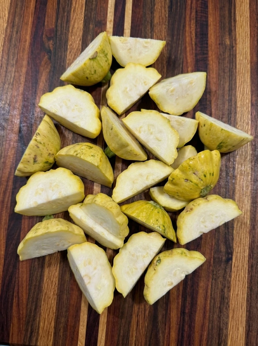 Cut patty pan squash pieces ready for garlic butter roasting