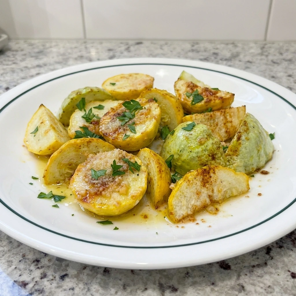Garlic Butter Roasted Patty Pan Squash with golden edges and parsley on a white plate