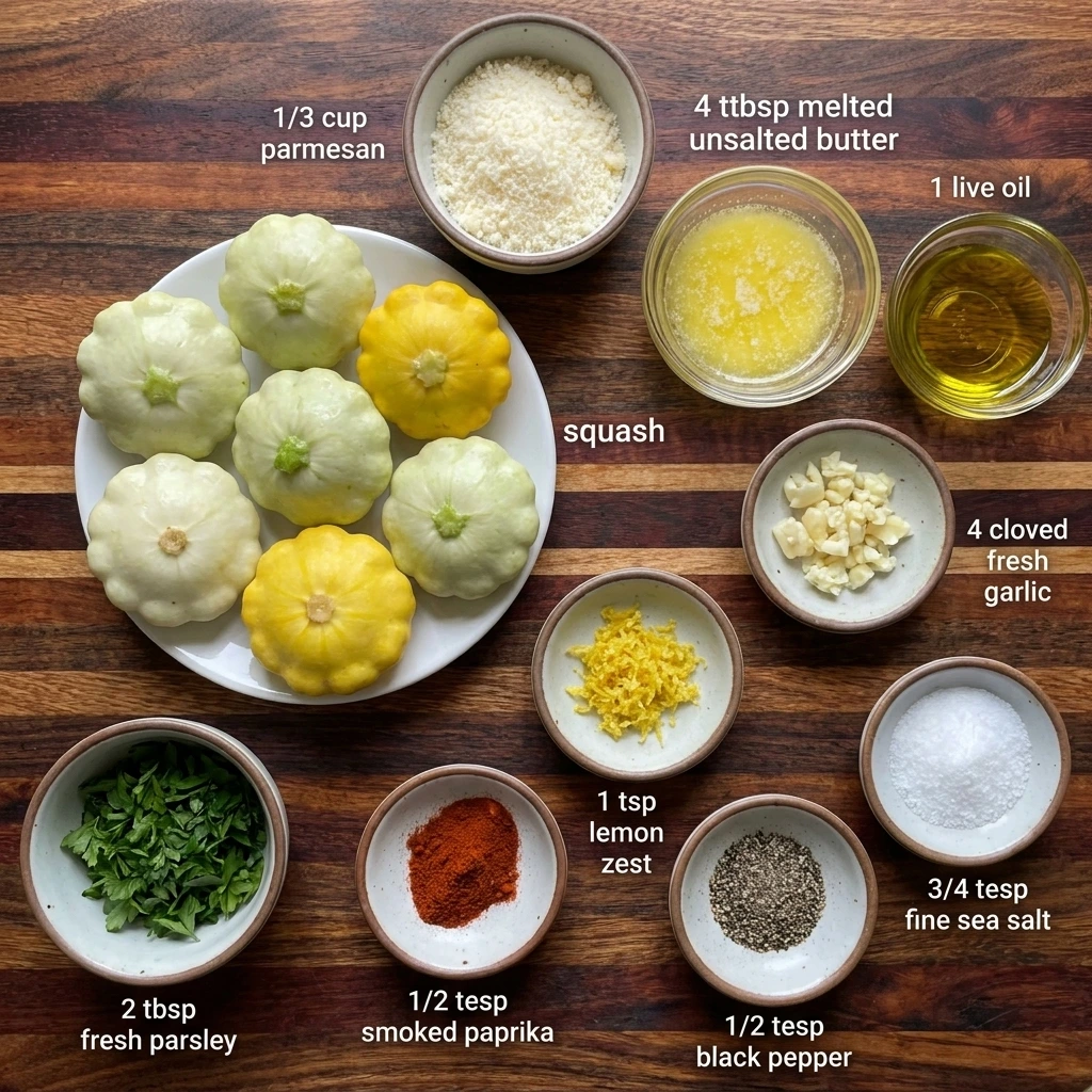 Ingredients for Garlic Butter Roasted Patty Pan Squash in separate small containers
