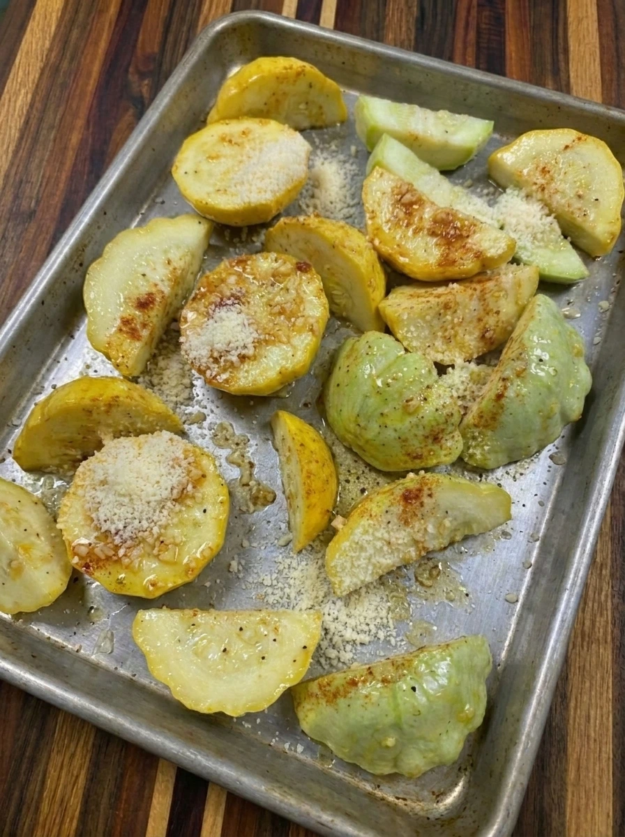 Garlic butter patty pan squash spread on a sheet pan with parmesan