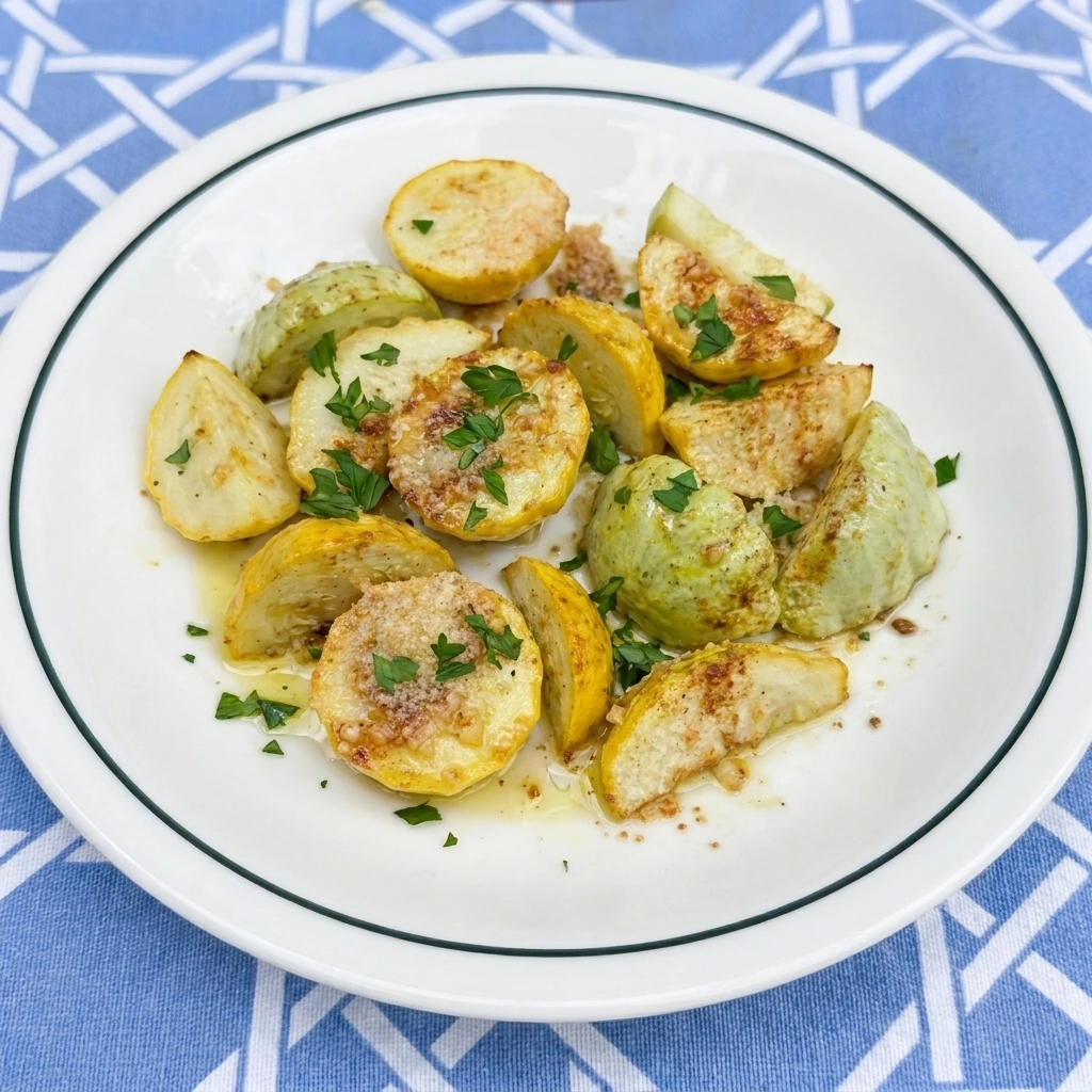 Single portion of Garlic Butter Roasted Patty Pan Squash on a white plate