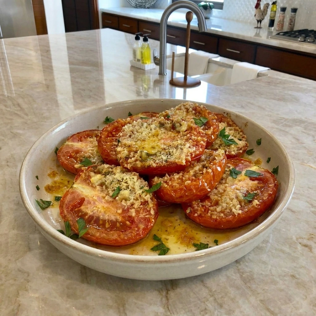 Garlic Parmesan Roasted Tomatoes with melted cheese and golden crumbs