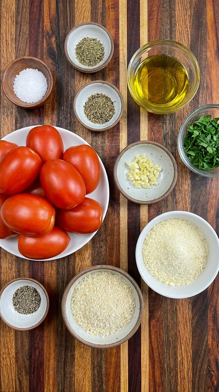 Ingredients for Garlic Parmesan Roasted Tomatoes in separate small containers
