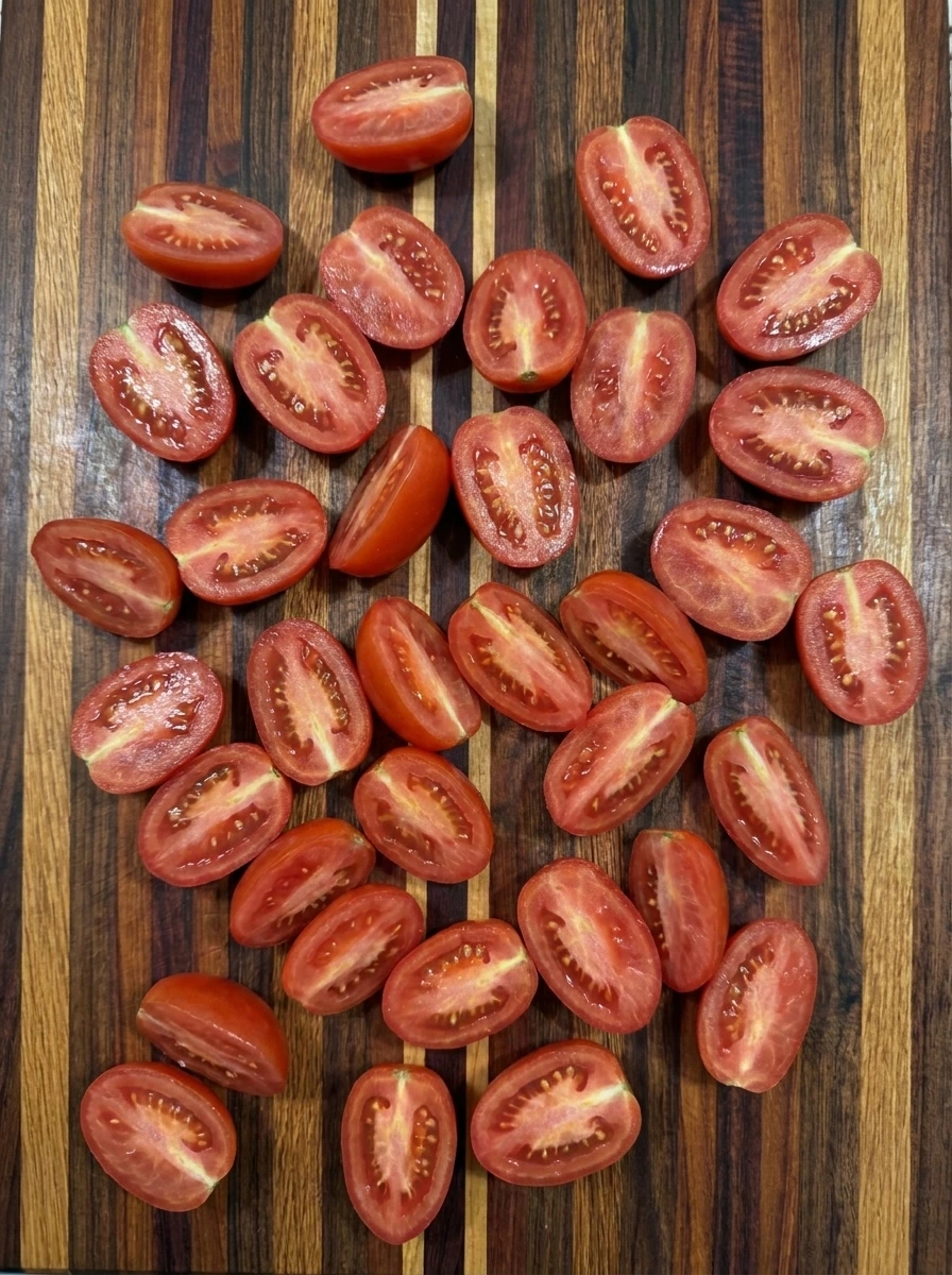Halved tomatoes for Garlic Parmesan Roasted Tomatoes