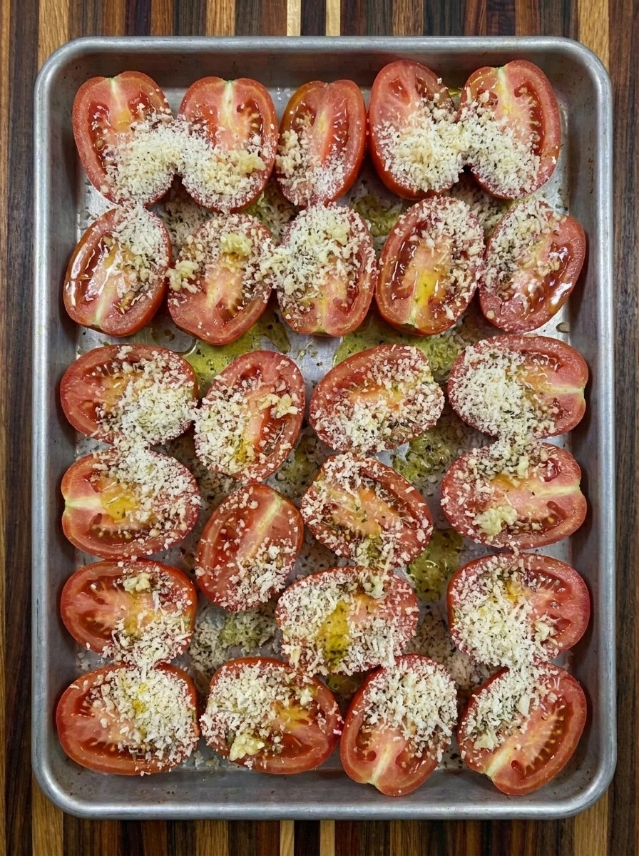 Tomatoes coated with garlic parmesan topping on sheet pan