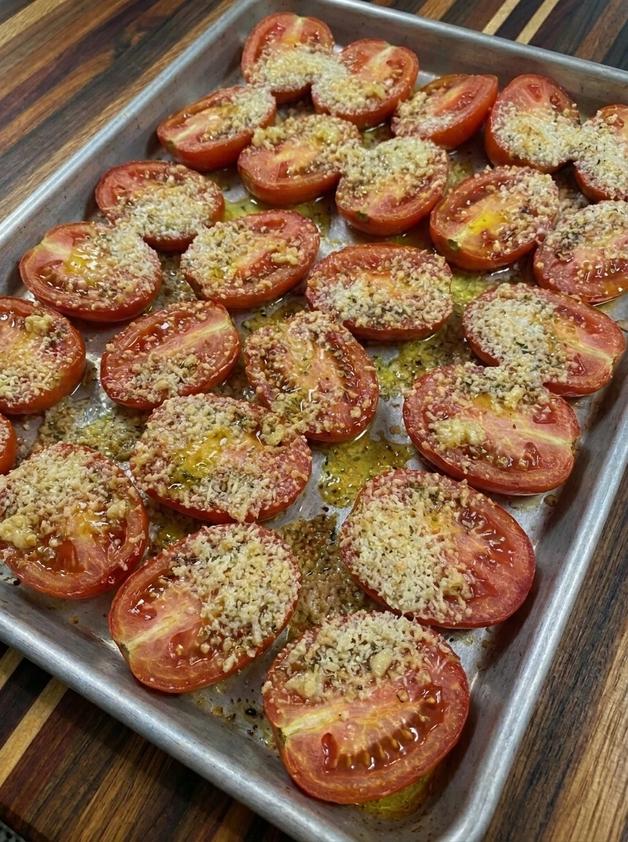 Garlic Parmesan Roasted Tomatoes after baking until golden